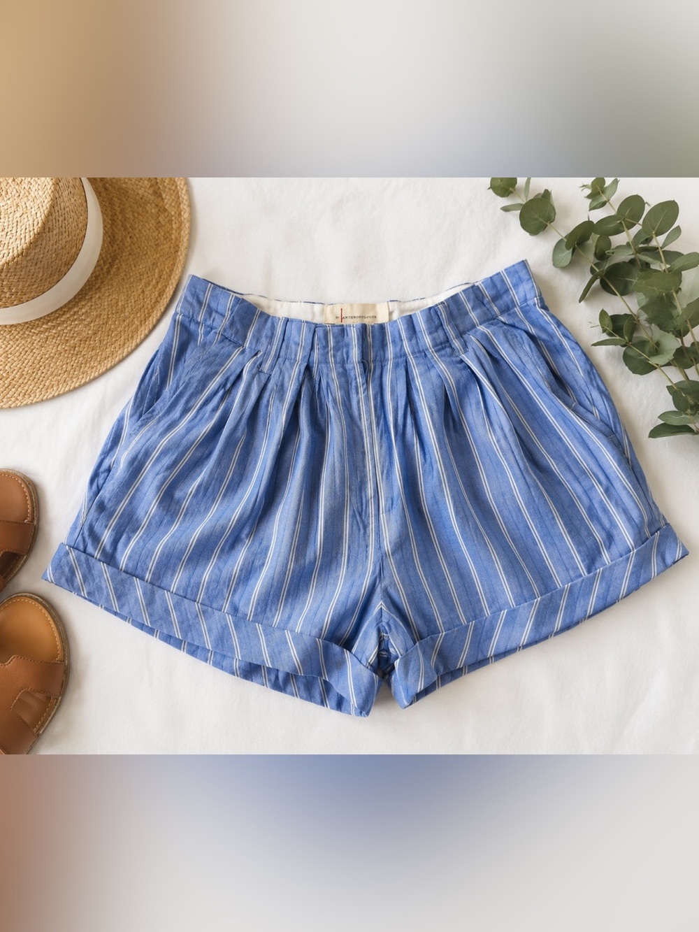 Anthropologie Blue White Striped Paperbag Waist  Medium Coastal Linen Blend NWT